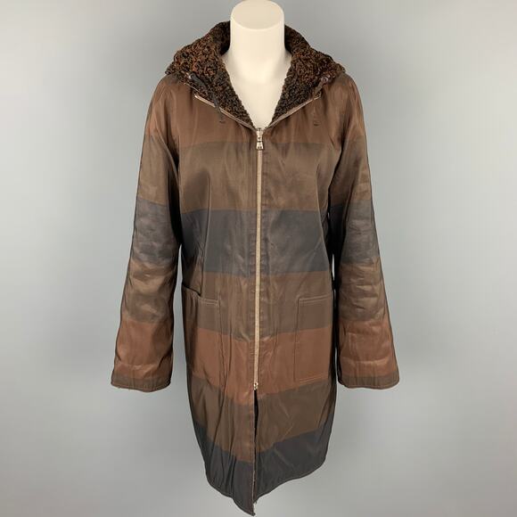 VINTAGE Size M Brown Stripe Astrakhan Fur Reversible Hooded Jacket - Picture 5 of 6